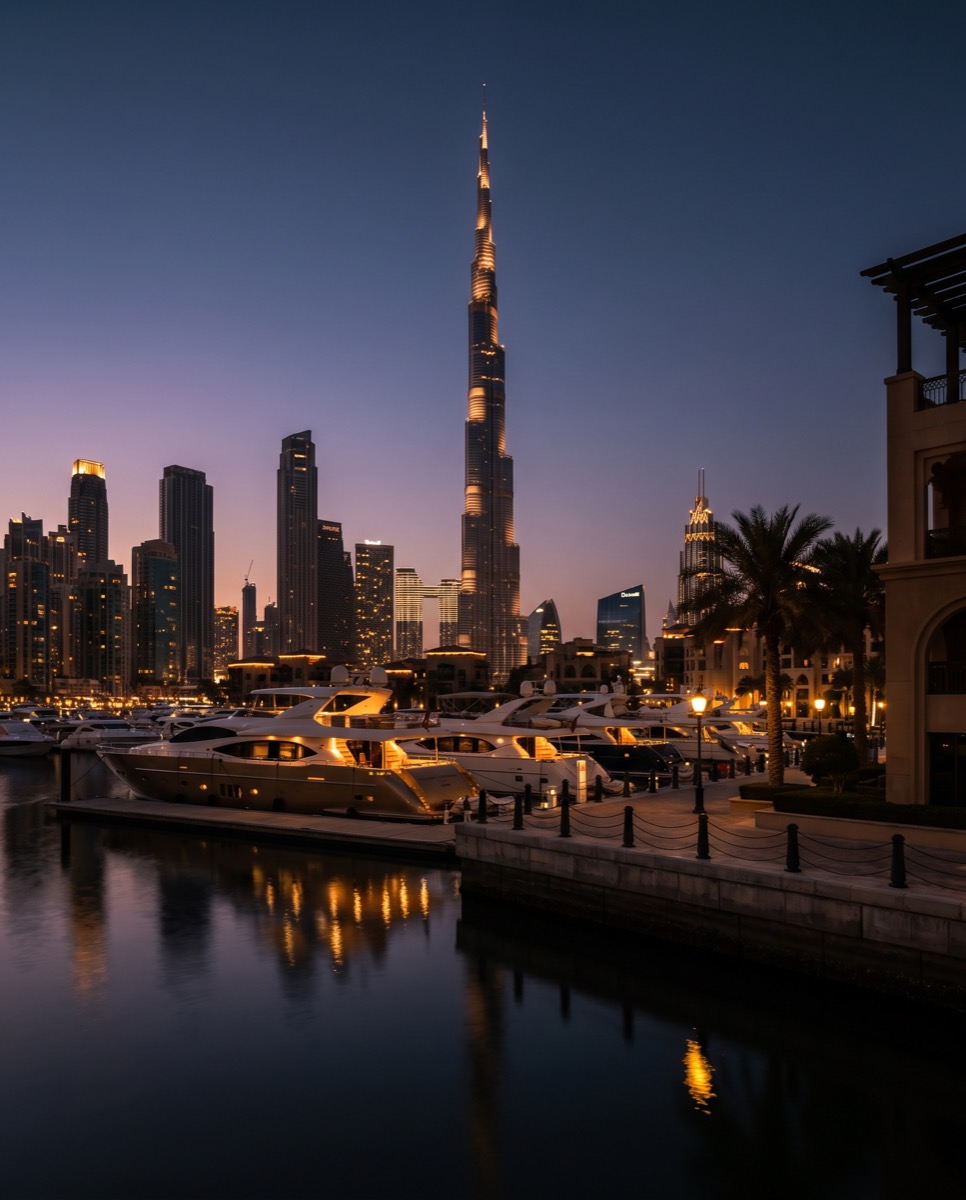 Skyline von Dubai mit dem Burj Khalifa bei Nacht
