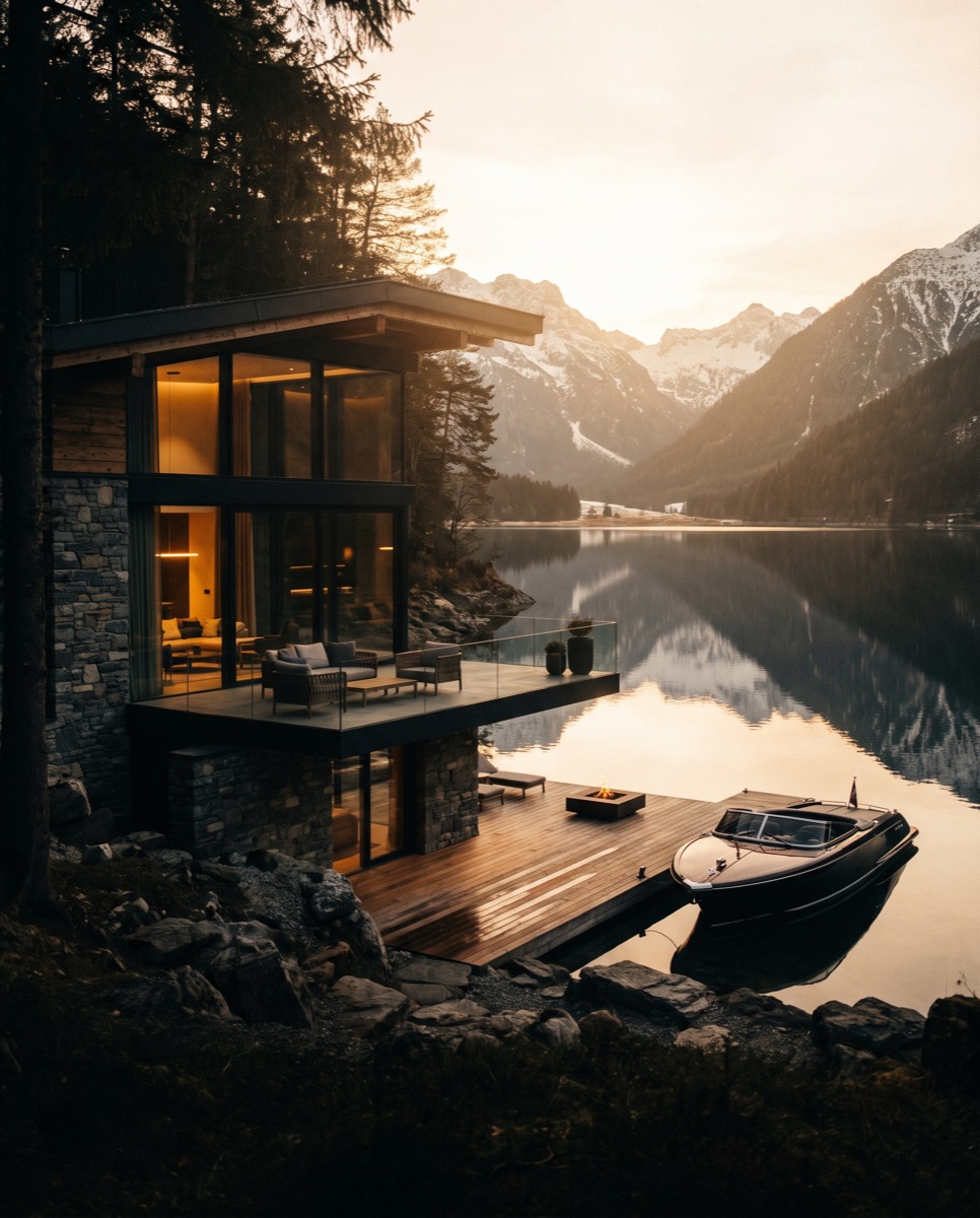 Bergsee in der Schweiz im Abendlicht