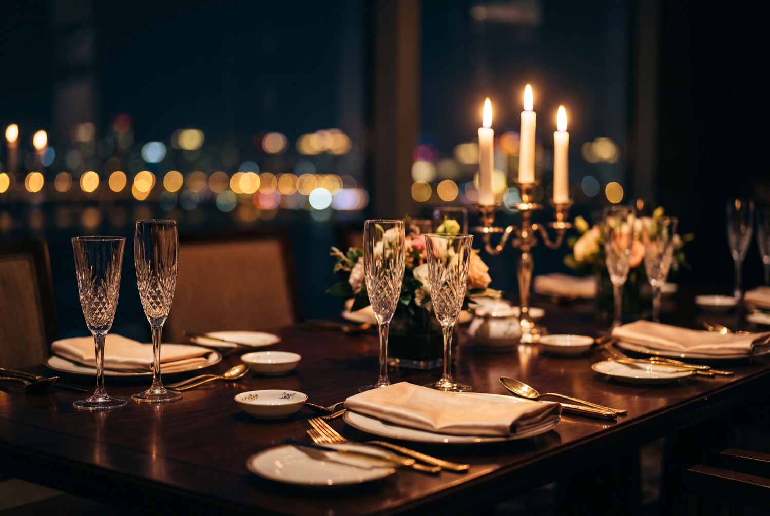 Festlich gedeckter Tisch mit Kerzenlicht