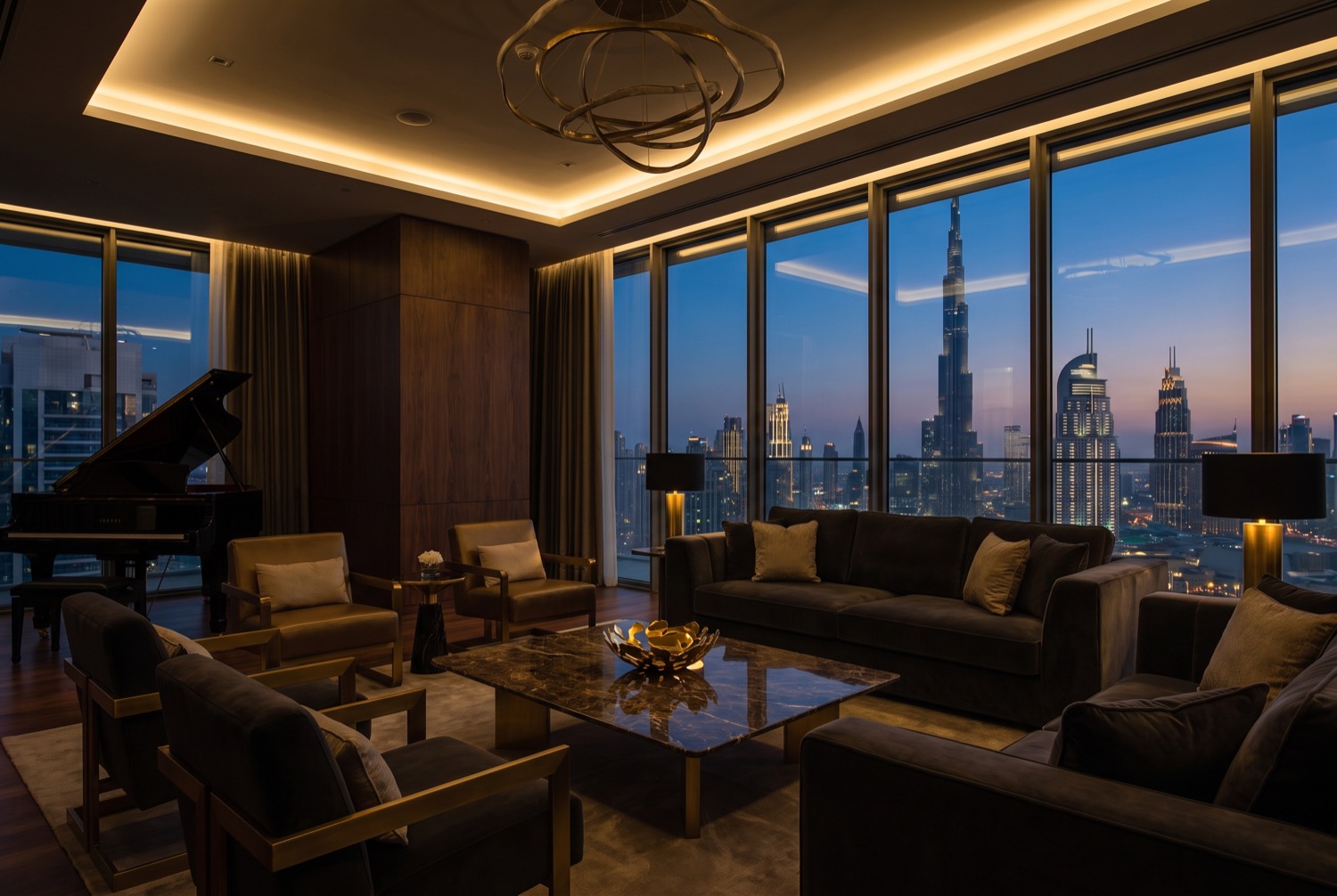 Lounge mit Blick auf die Skyline von Dubai am Abend